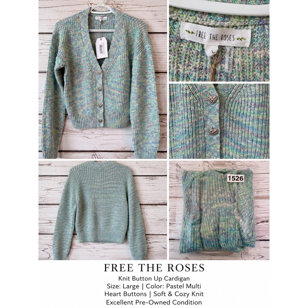 Free The Roses Pastel Multi Knit Cardigan Heart Buttons V-Neck Sweater Large